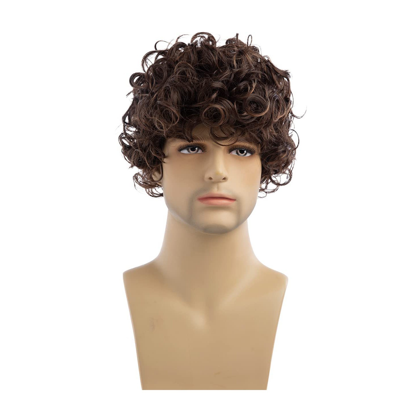 Men Brown Short Curly Wig Fluffy Synthetic Fiber Hair Wigs for Men Daily Wig