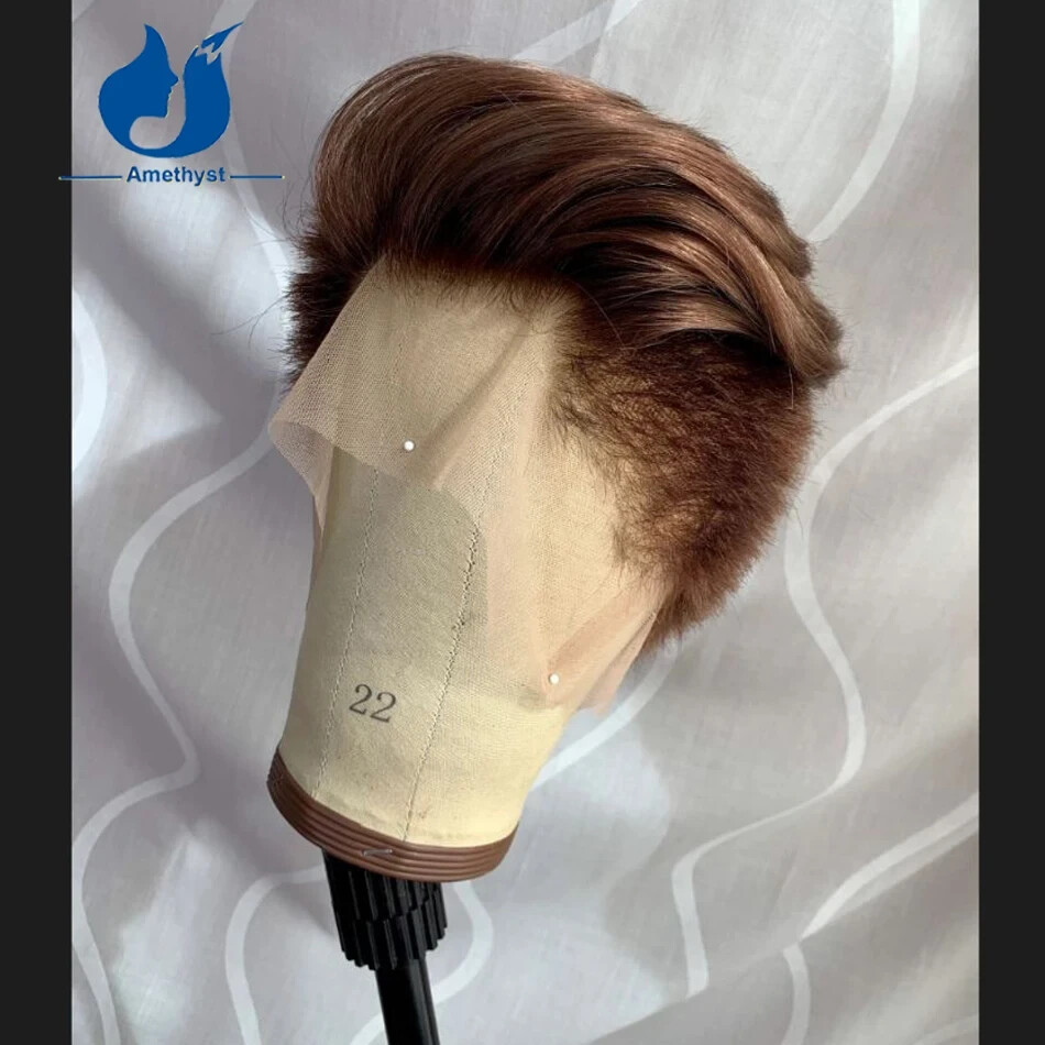 #4 Brown Pixie Cut Bob Wig for Men Short European Boy Cut Shaved Full Lace Wig