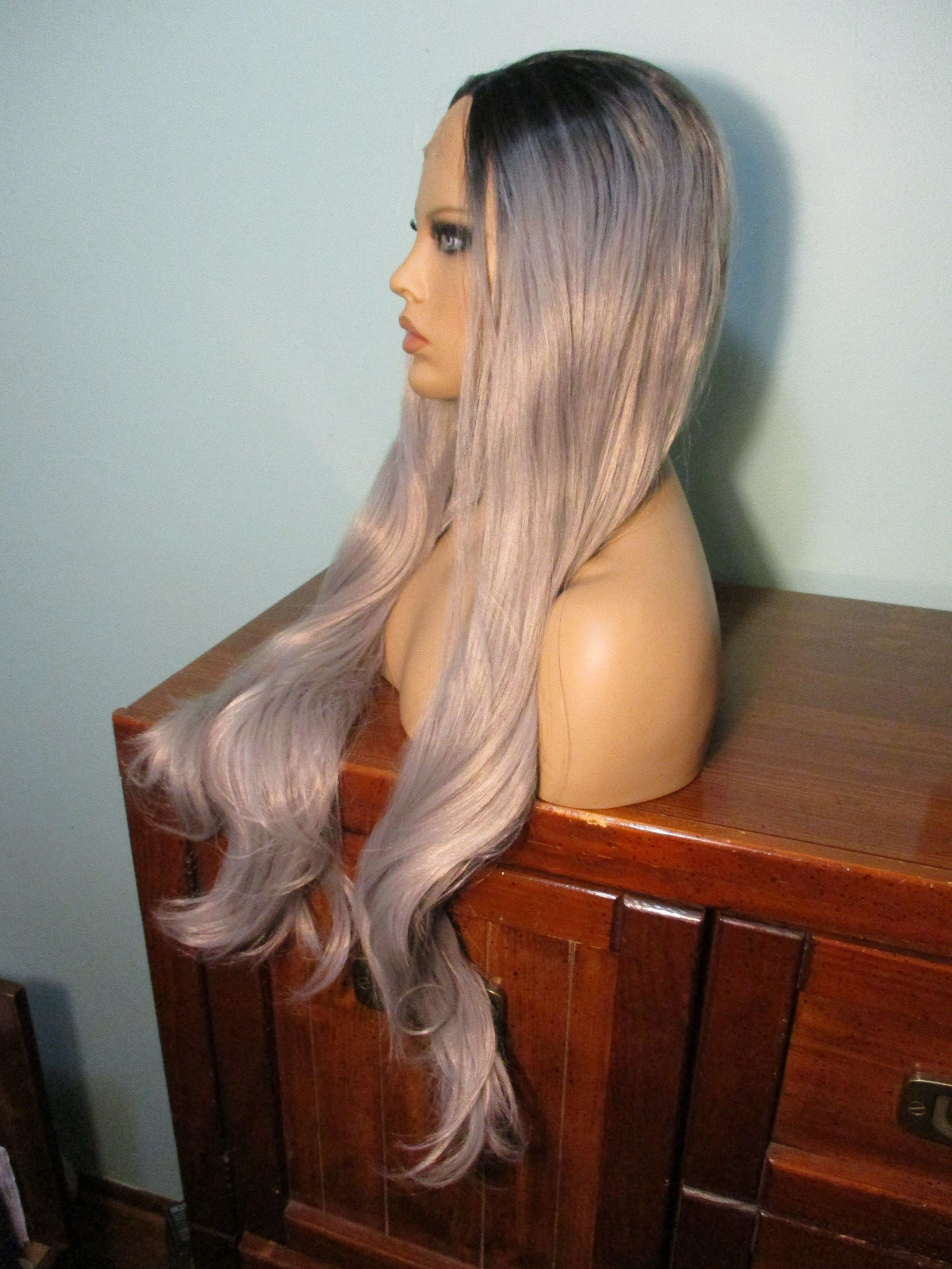 24″ long sleek GRAY with BLACK ROOTS lace front hand tied wig – Miranda