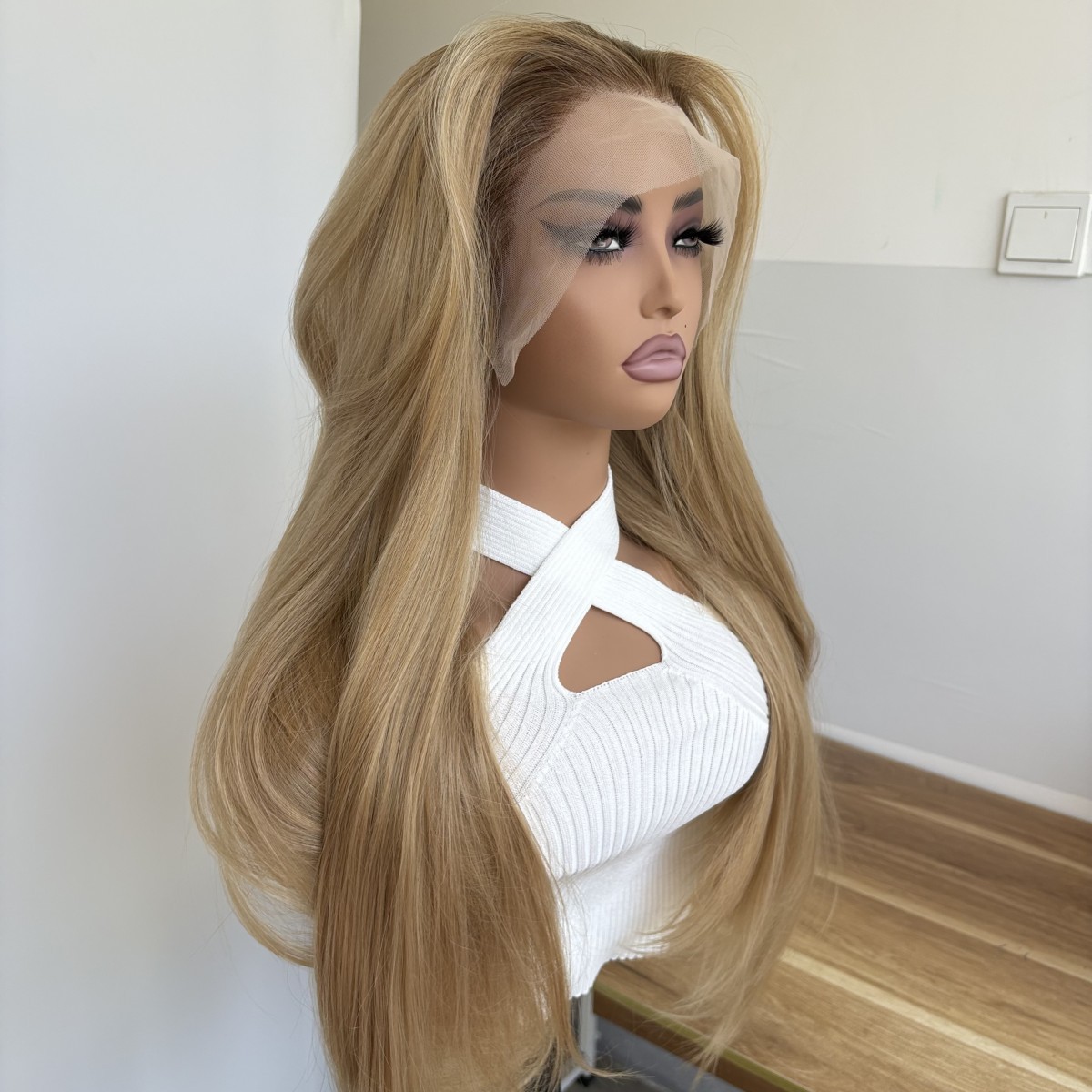 Natural Long Straight Layered Mixed Blonde Lace Front Wig Synthetic Hair