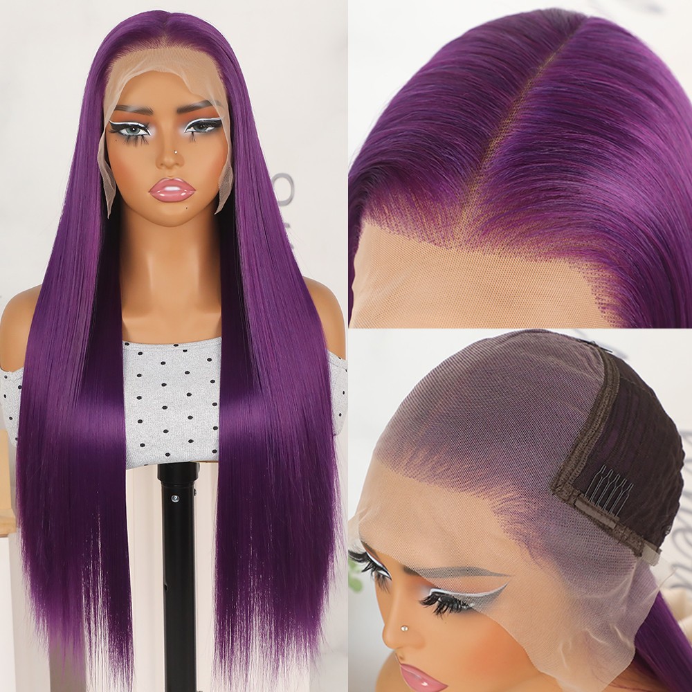 Women Purple Straight Hair 13×6 Free Part Pre Plucked Natural Hairline Glueless