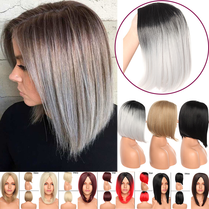 Full Synthetic Ombre Gray Brown Hair Straight Women Wigs with Rose net 12″ Long