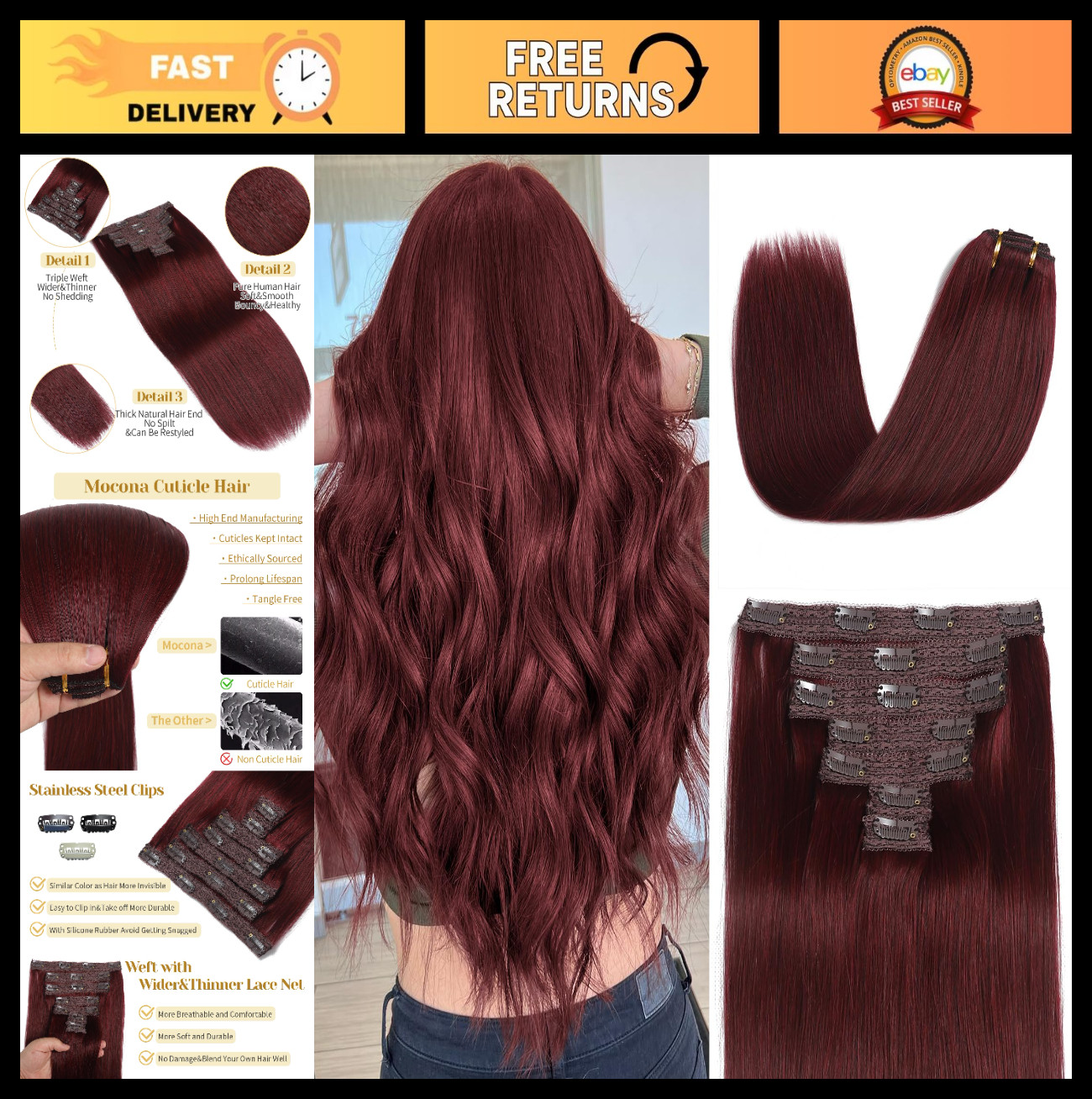 20″ Clip-in Real Human Hair Extensions 7pcs 120g Burgundy Red Soft Remy Straight