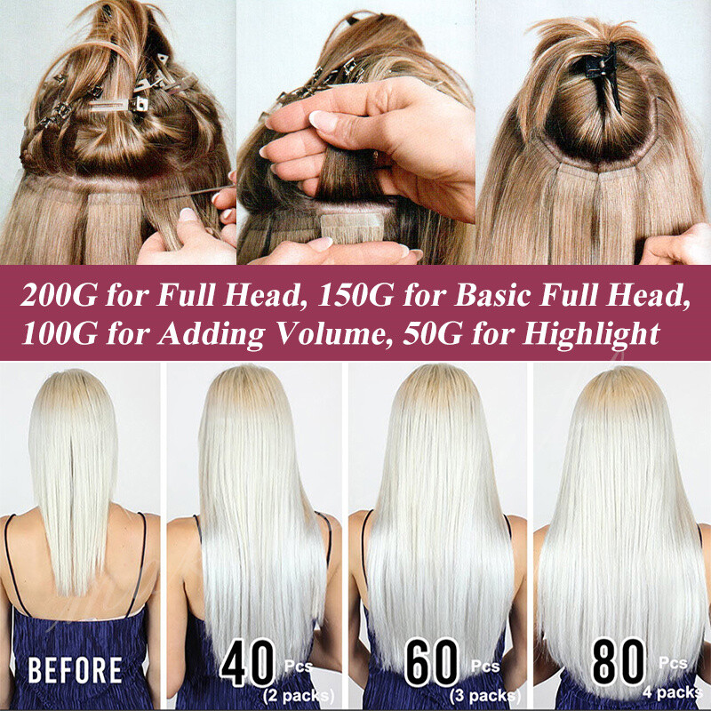 Tape In Skin Weft Real Remy Human Hair Extensions 60pcs Full Head Dark Color