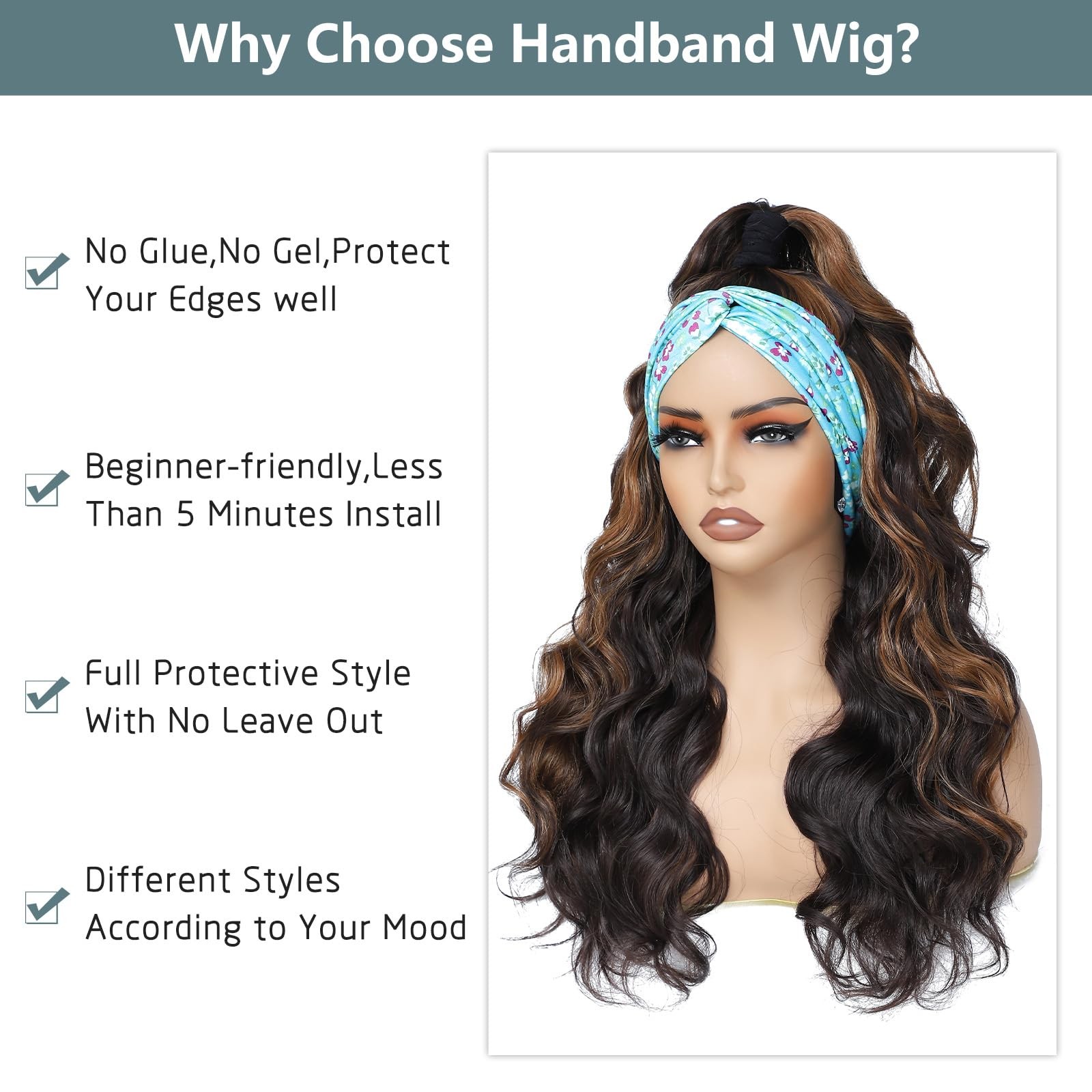 Long Wavy Headband Wig for Women Black Wigs with Brown Blonde Highlight 200% …