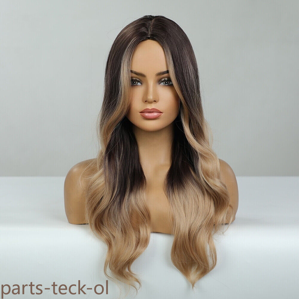 Fanshion Long Wavy Ombre Brown Light Blonde Synthetic Wigs for Women Hair Wig US