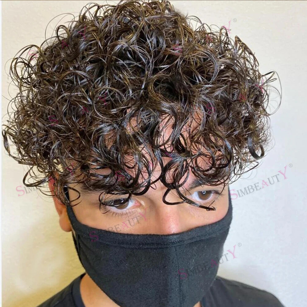Full Skin Base 20mm Curly Human Hair Men’s Toupee Durable Prosthesis System Hair