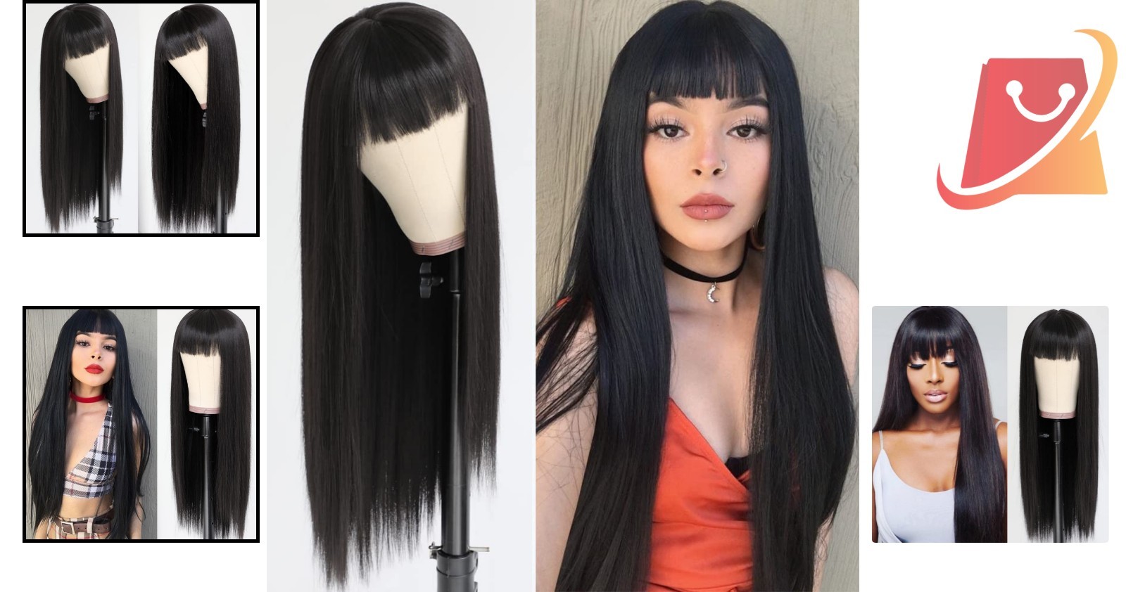Synthetic Hair Wig 24 Inch Black Straight No Lace Full Bangs Youthful Style