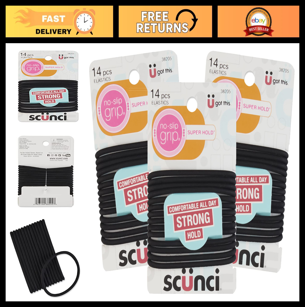 Black Gel Hair Elastics, No-Slip Grip, Strong Hold Ponytail Holders – 14 Pcs x 3