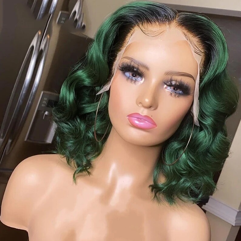 Women Short Green Wavy Wig Ombre Green Bob Wig TLace Front Wig Glueless Full Wig