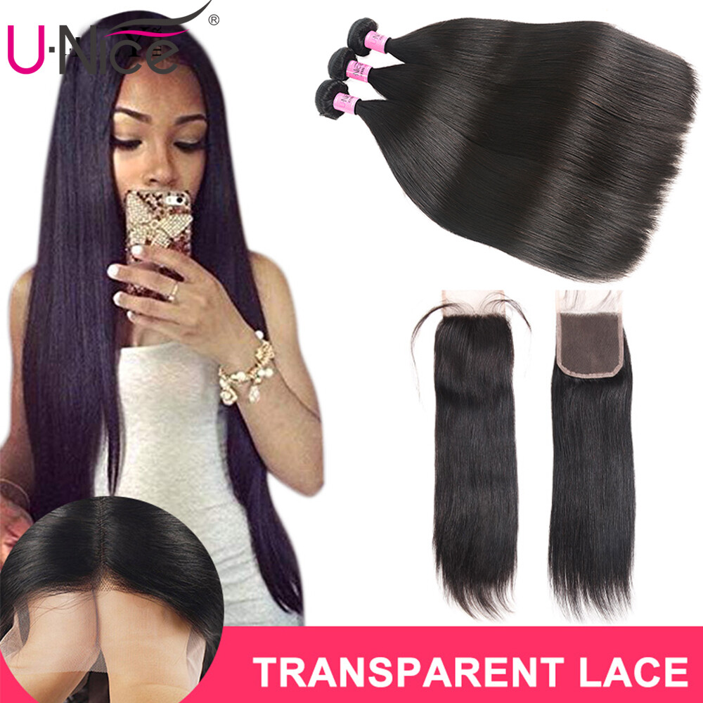 Mongolian Straight Human Hair Extension Bundles With HD Transparent Lace Closure