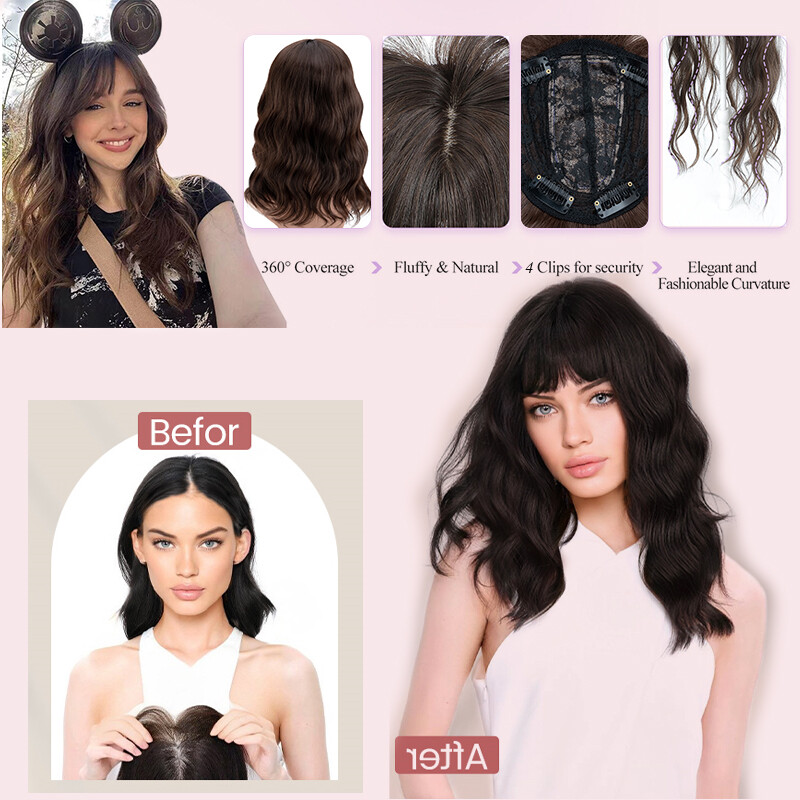 Thick Clip In Topper Hair Extensions Wavy Hairpiece With Bangs Natural as Human