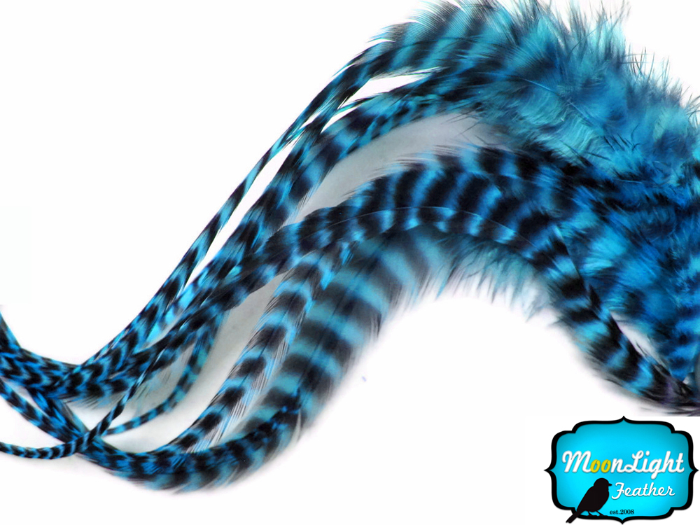 6 pieces – XL TURQUOISE BLUE Grizzly Thick Rooster Hair Extension Feathers