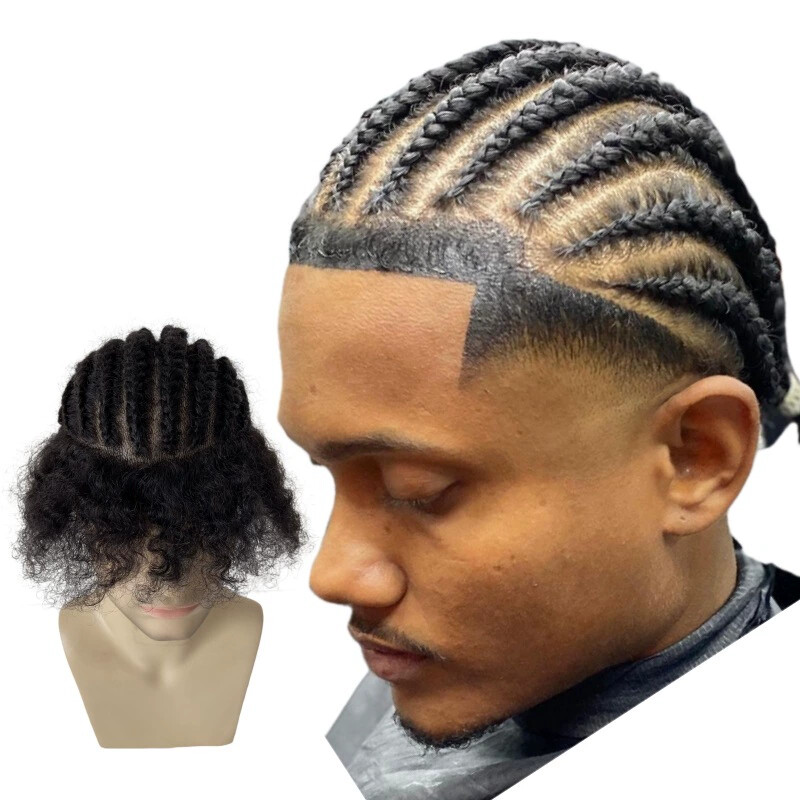 100%Human Hair Replacement Cornrow Braids Unit 8×10 Full PU Toupee for Black Men