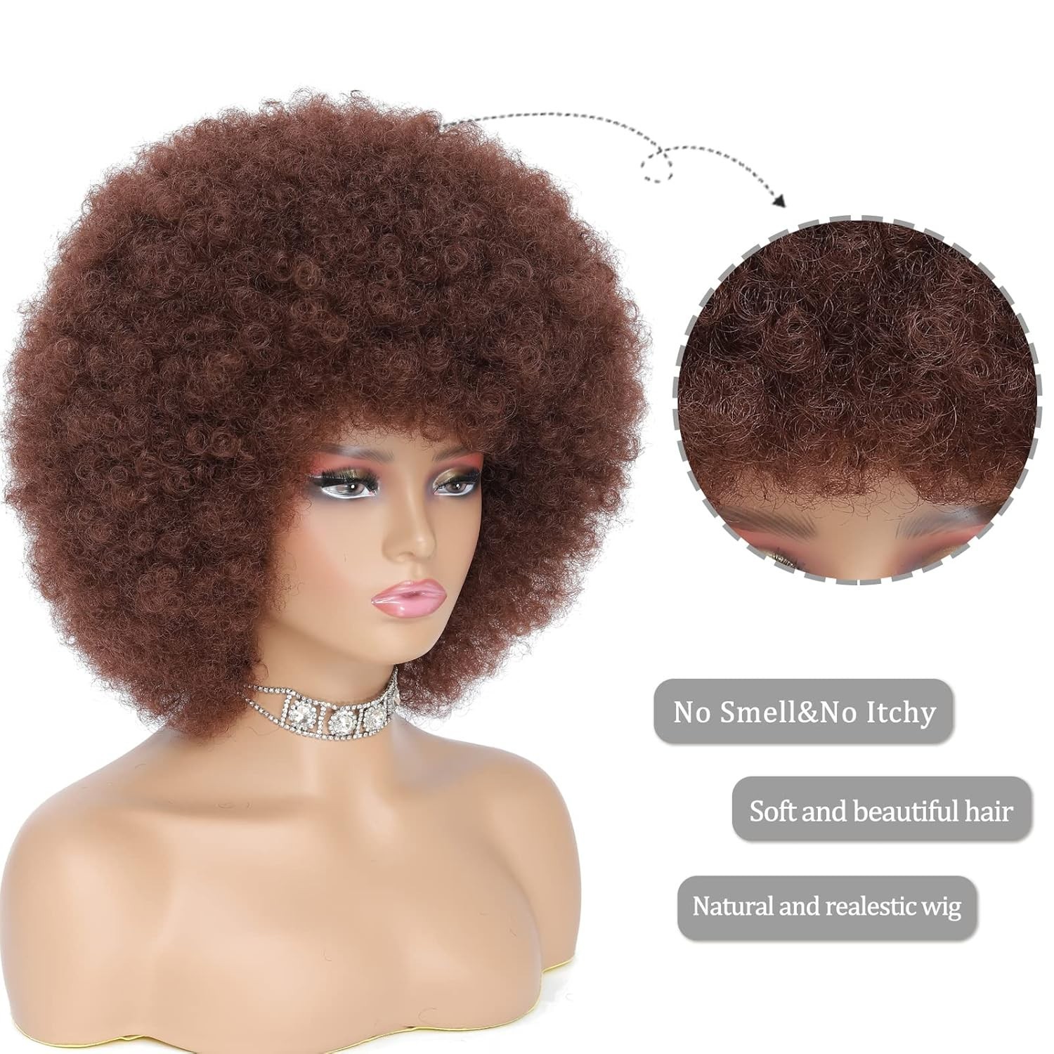 70s Afro Kinky Curly Wig For Women, Brown, Synthetic Fibers, Soft, Bouncy, Natur