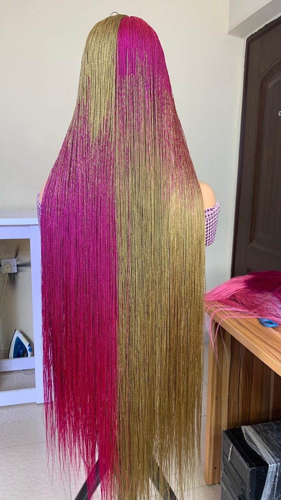 NANO BRAIDED WIG ON HALF CLOSURE (MICRO SENEGALESE TWIST) BURGUNDY AND GOLD 40