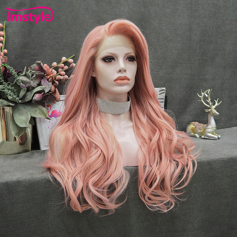 Peach Pink Synthetic Lace Front Wigs Wavy High Temperature Fiber Glueless Wigs