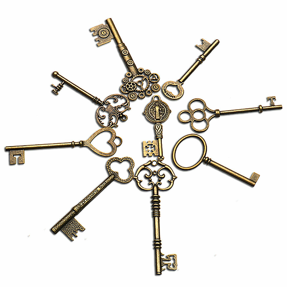 9Pcs Large Antique Vintage Old Brass Skeleton Keys Lot Cabinet Lock Necklace USA