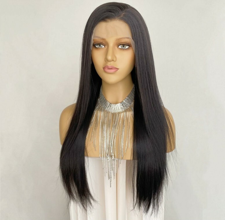 Natural Black Brown Wig HD Front Lace Human Hair Blend Highlights Wavy Curly