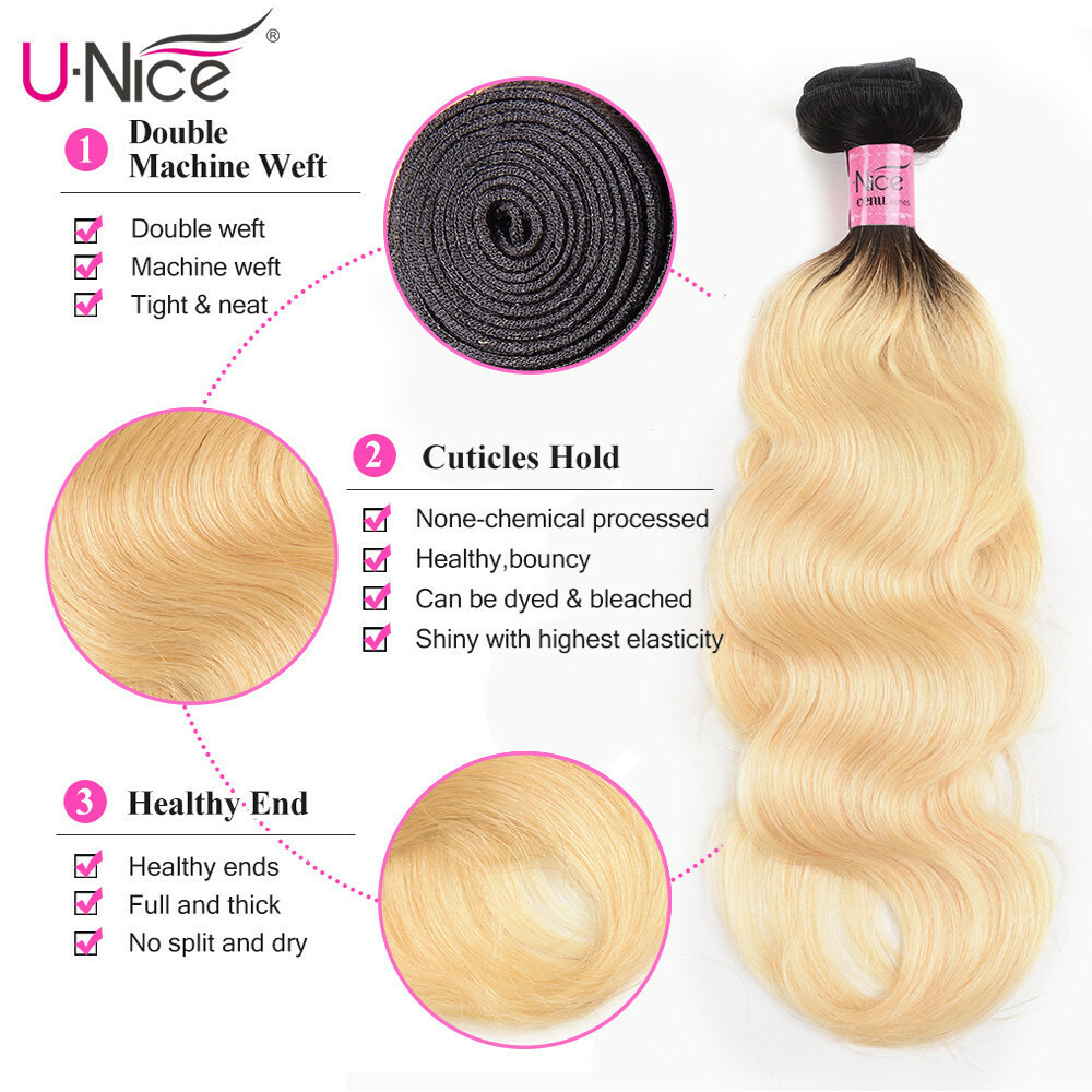 UNice Malaysian Ombre Blonde Body Wave Human Hair Weave Bundle With Lace Closure