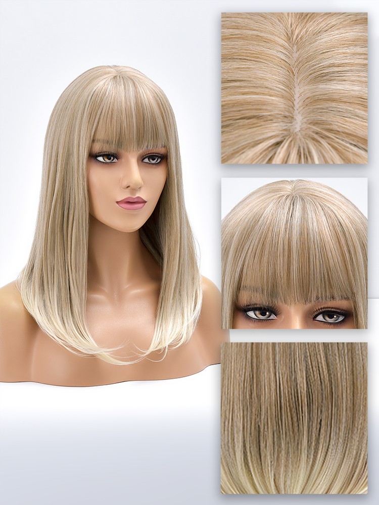 Gradient blonde Cosplay Party Wig With Bangs Short Straight Heat Resistant Hair