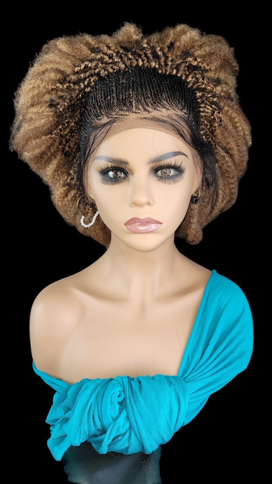 Braided Wig Short Afro Kinky Curly Auburn Brown Lace Front Glueless Baby Hair 6″