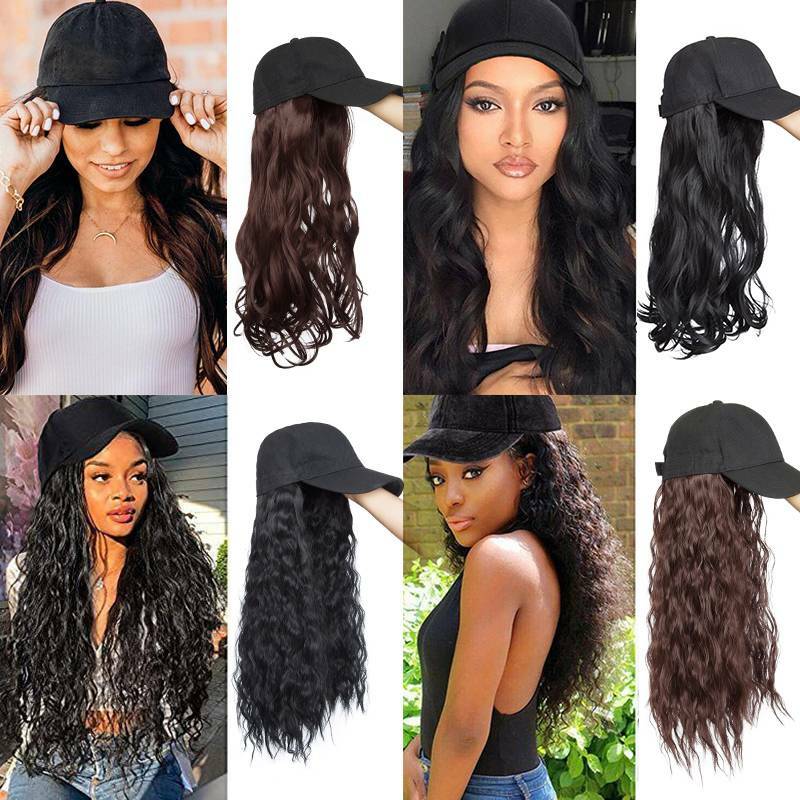 US Women Baseball Cap with Synthetic Wig Long Wavy Full Wigs Hat for Natural Use