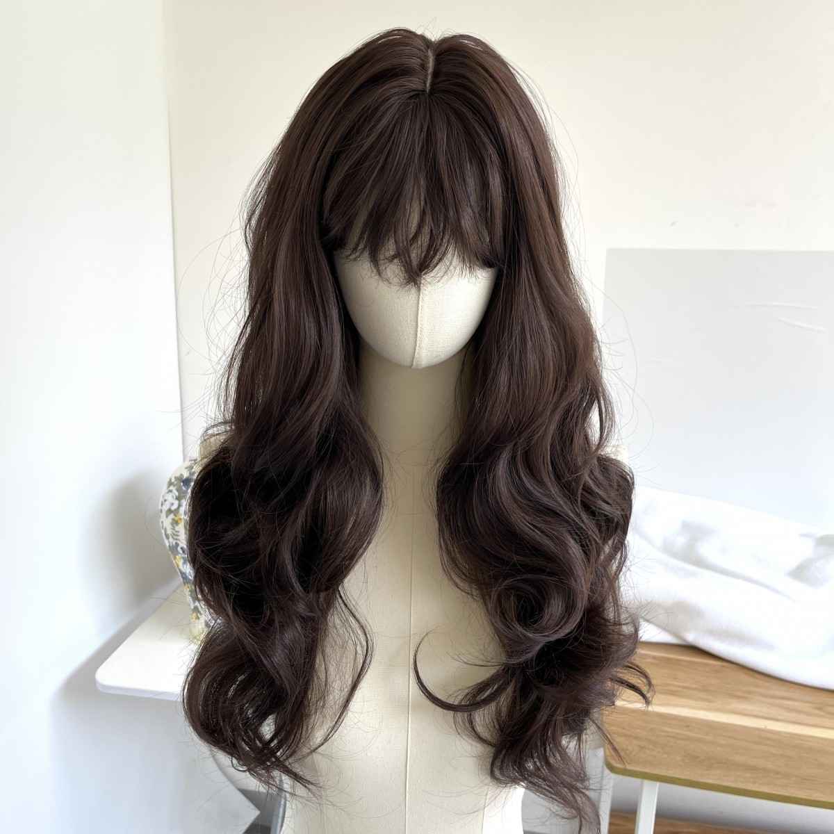Long Wavy Halloween Dark brown Cosplay Party Wigs With Bangs Synthetic Hair