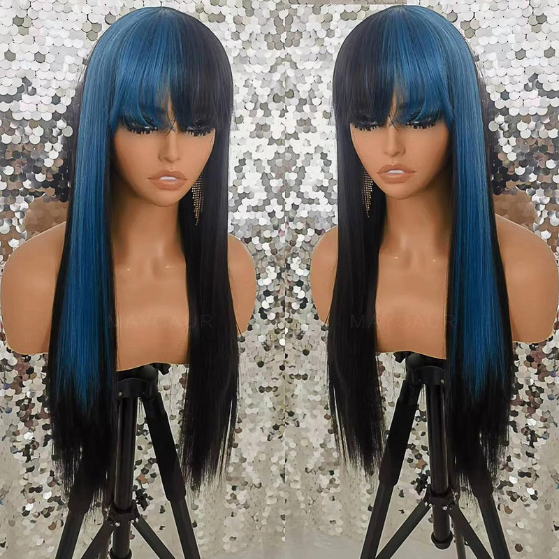 Maycaur Womens Black Blue Ombre Synthetic Wig Full Bangs 21-23.5 Inches