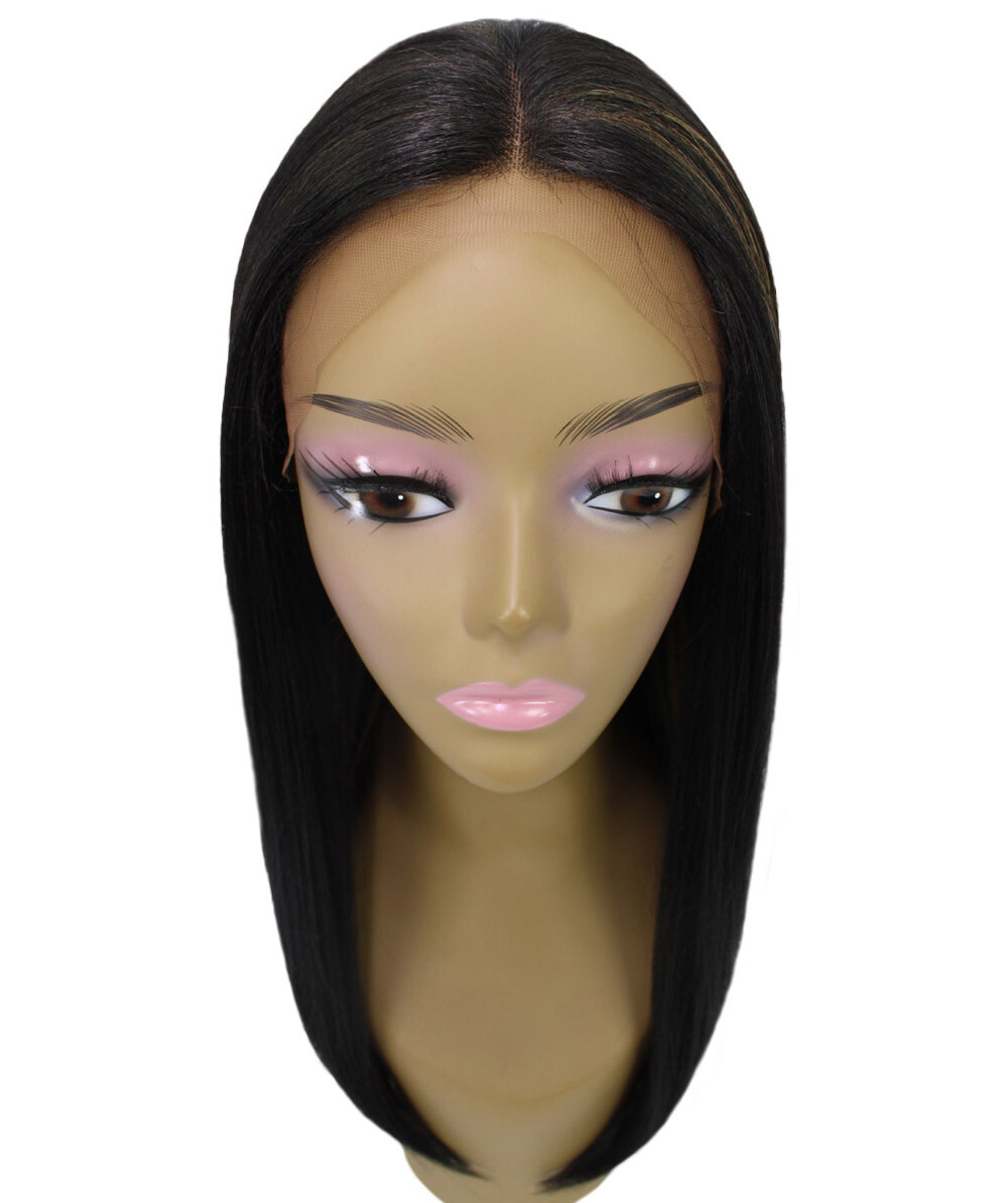 Ami Straight 17″ Long 4X4 Women’s Lace Front Wig, Black with Golden Highlights