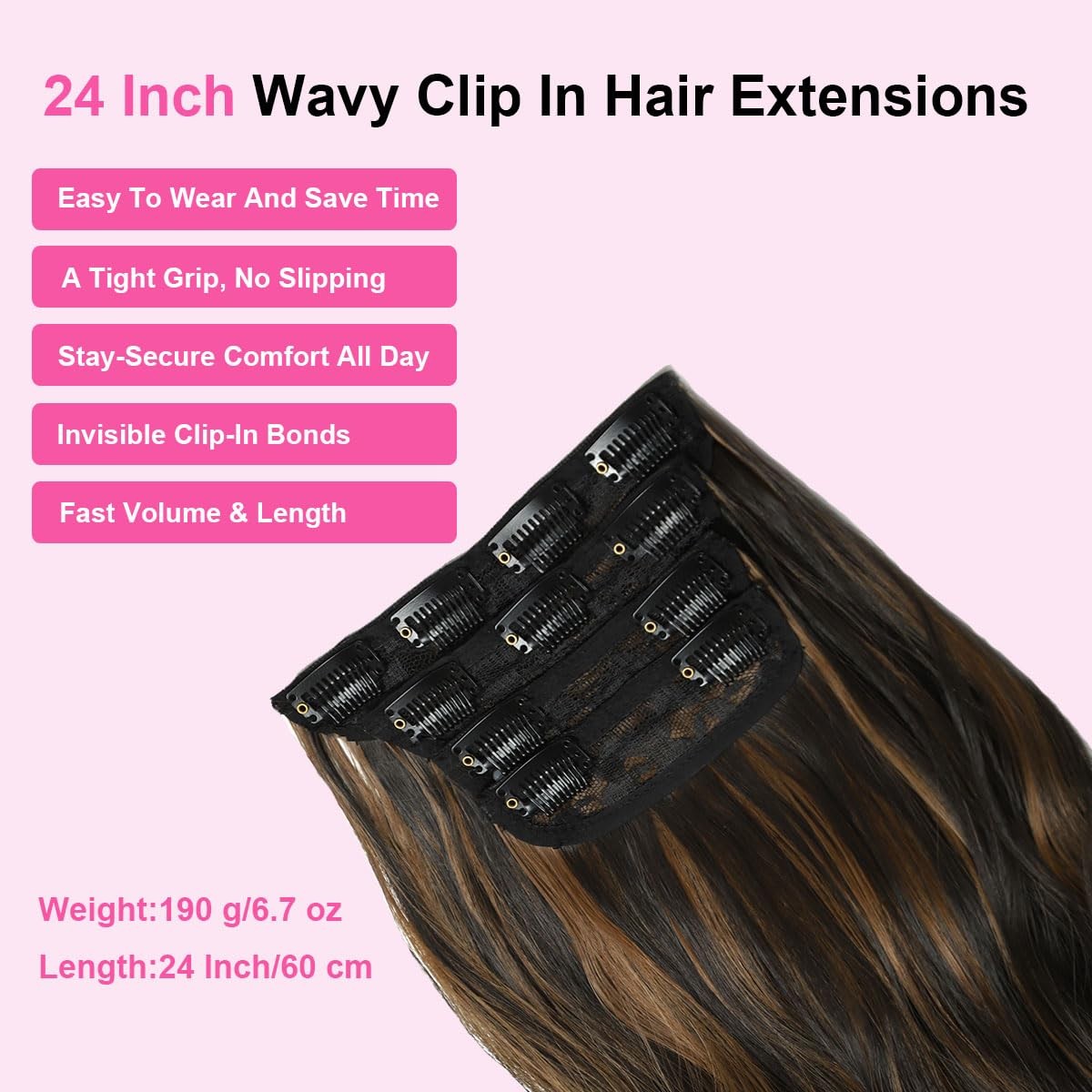 Balayage Clip In Hair Extensions Long Wavy 4PCS Highlight Curly Hair Extensio…