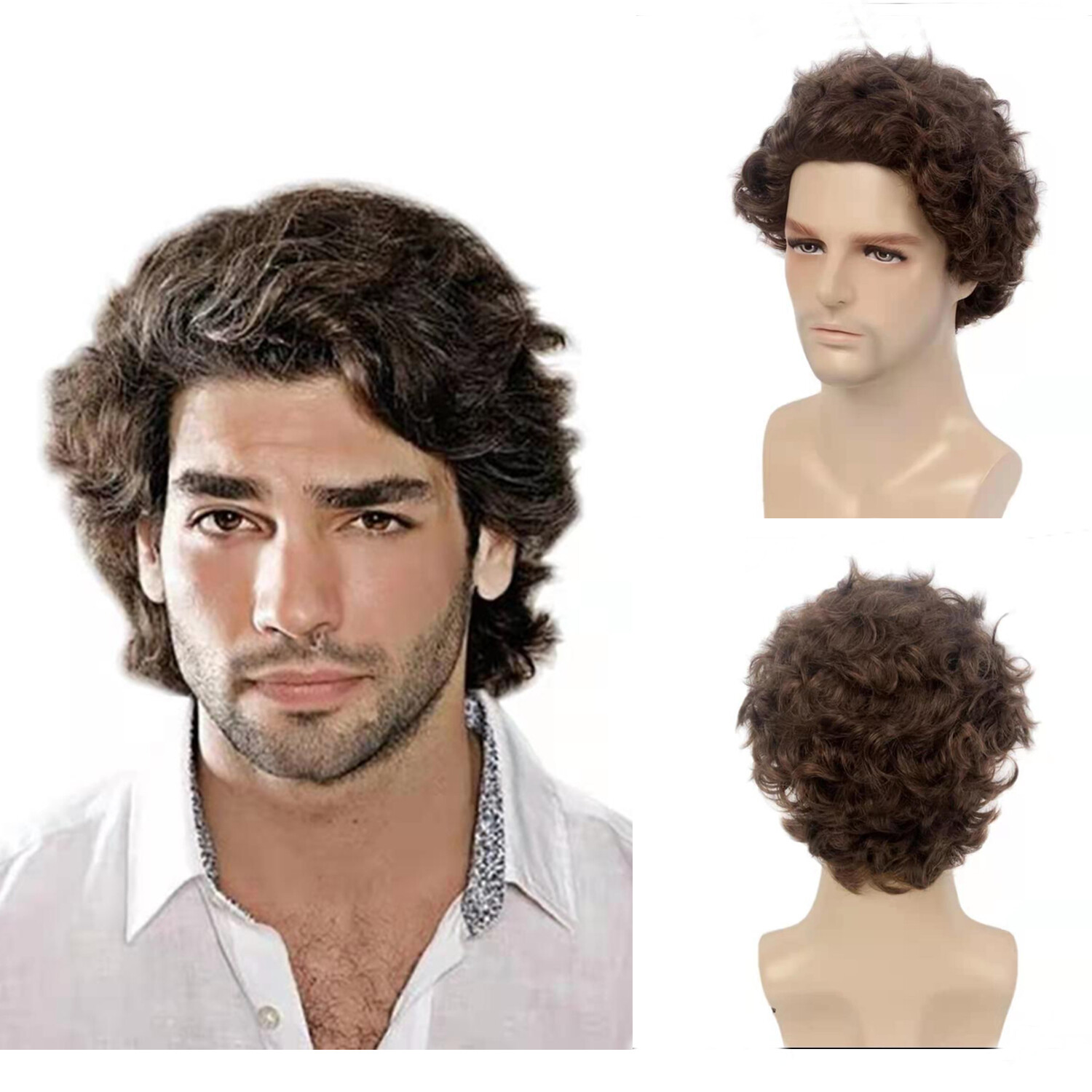 Men’s 12″ Curly Wig Dark Brown Heat Resistant Synthetic Cosplay Party