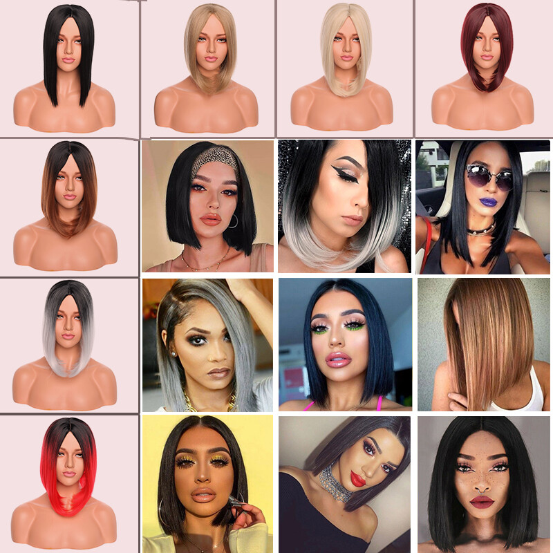 12″+ Women Short Bob Synthetic Lace Front Wig Baby Hair Silky Straight Black US