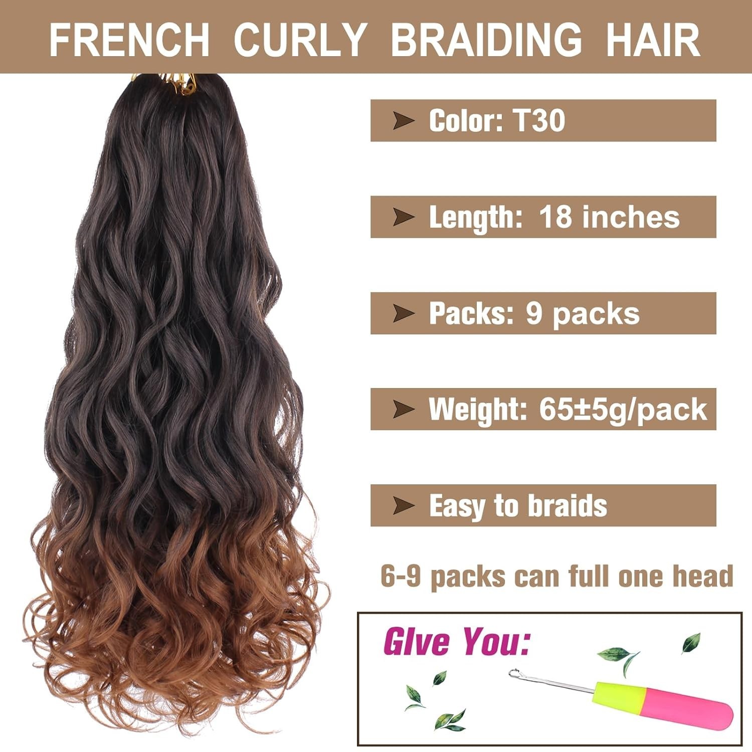 COOKOO 18 Inch 9 Packs Ombre Brown Spiral Loose French Curls Braiding Hair, T30#