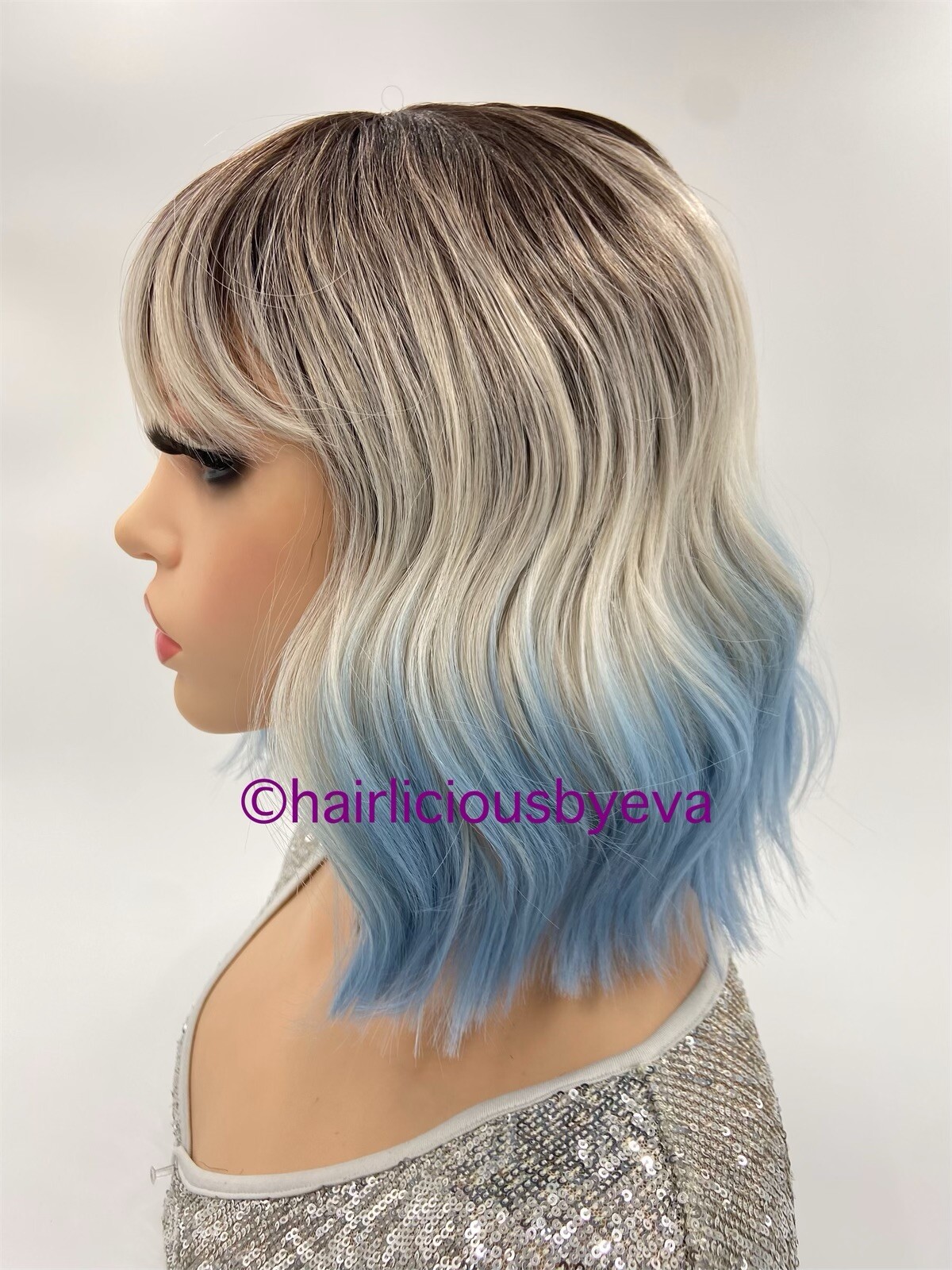 Bob Wig With Bangs Blue Gray Black 12 Inch Long Heat Ok