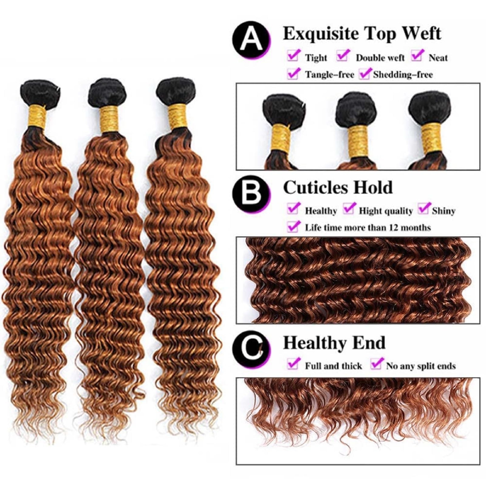 Peenoll 26 28 30 Inch Curly Water Wave Human Hair Bundles Omber Chocolate 30