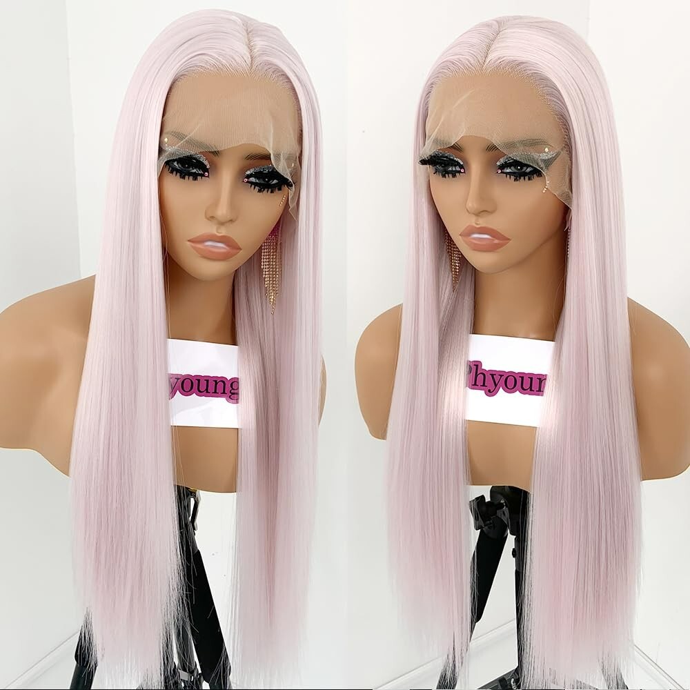 Ice Pink Synthetic Lace Front Wigs Long Straight Soft Hair Heat Resistant Women