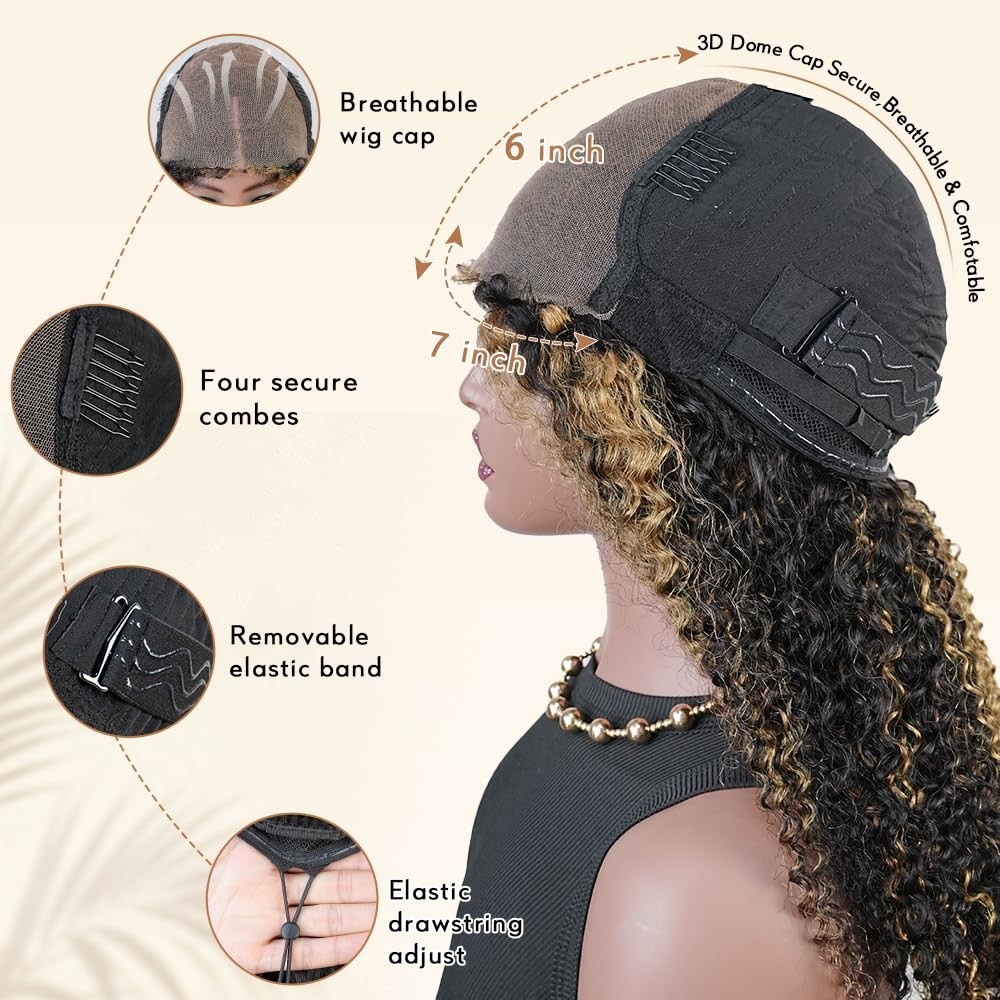 18-Inch Kinky Curly Glueless Human Hair Wig, HD Lace Front, Pre-Plucked, Drawstr