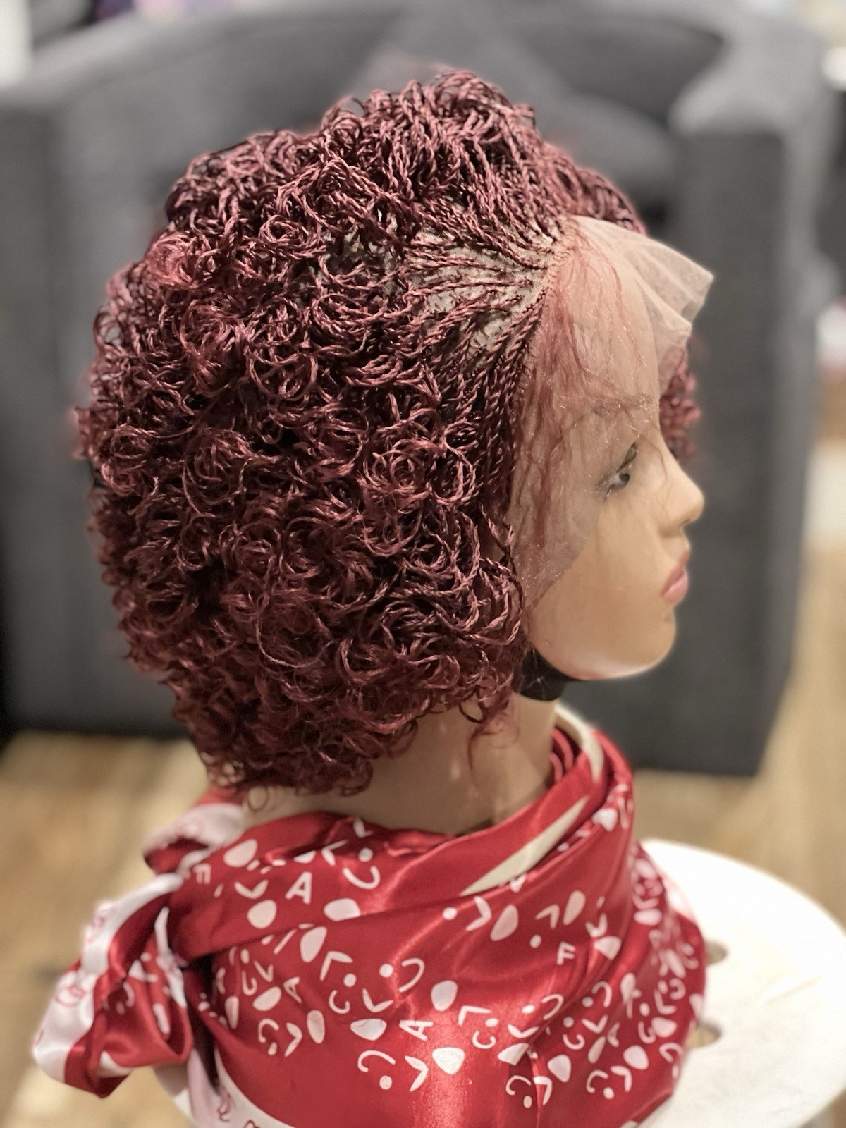 Braided micro twist Curly Burgundy Wig. made on a full lace wig.READY TO SHIP.