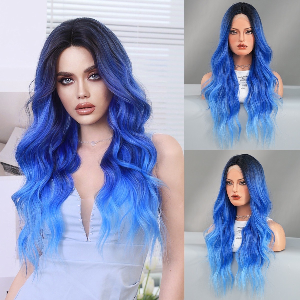 Dreamy purple-blue Lace wig with dreamy purple-blue gradient parted wavy curls