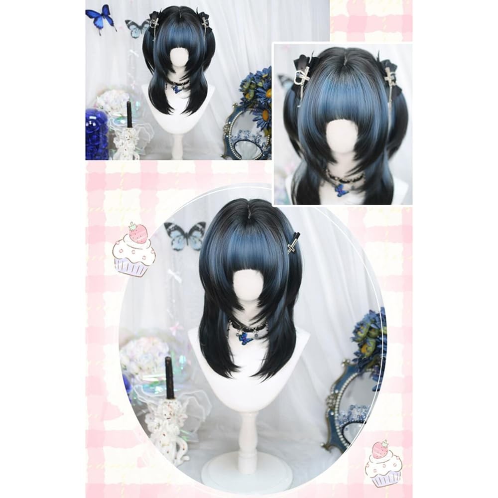 Black Blue Gradient Jellyfish Head Hairpiece Ombre Long Hair with Bangs Kawai…