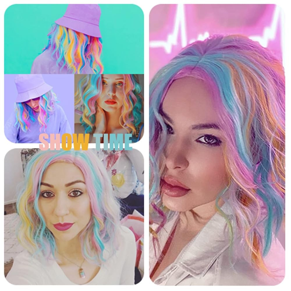 Women 16 Inches Curly Wavy Colorful Rainbow Fashion Anime Party Cosplay Wigs …