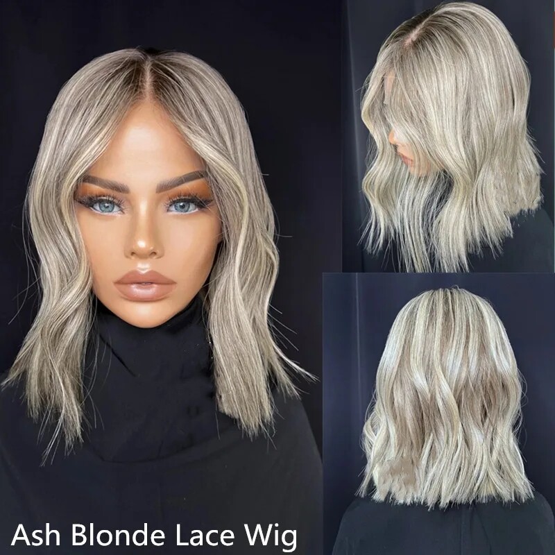 Short Bob Wave Ash Blonde Highlights Colored Remy Human Hair 13×4 Lace Front Wig
