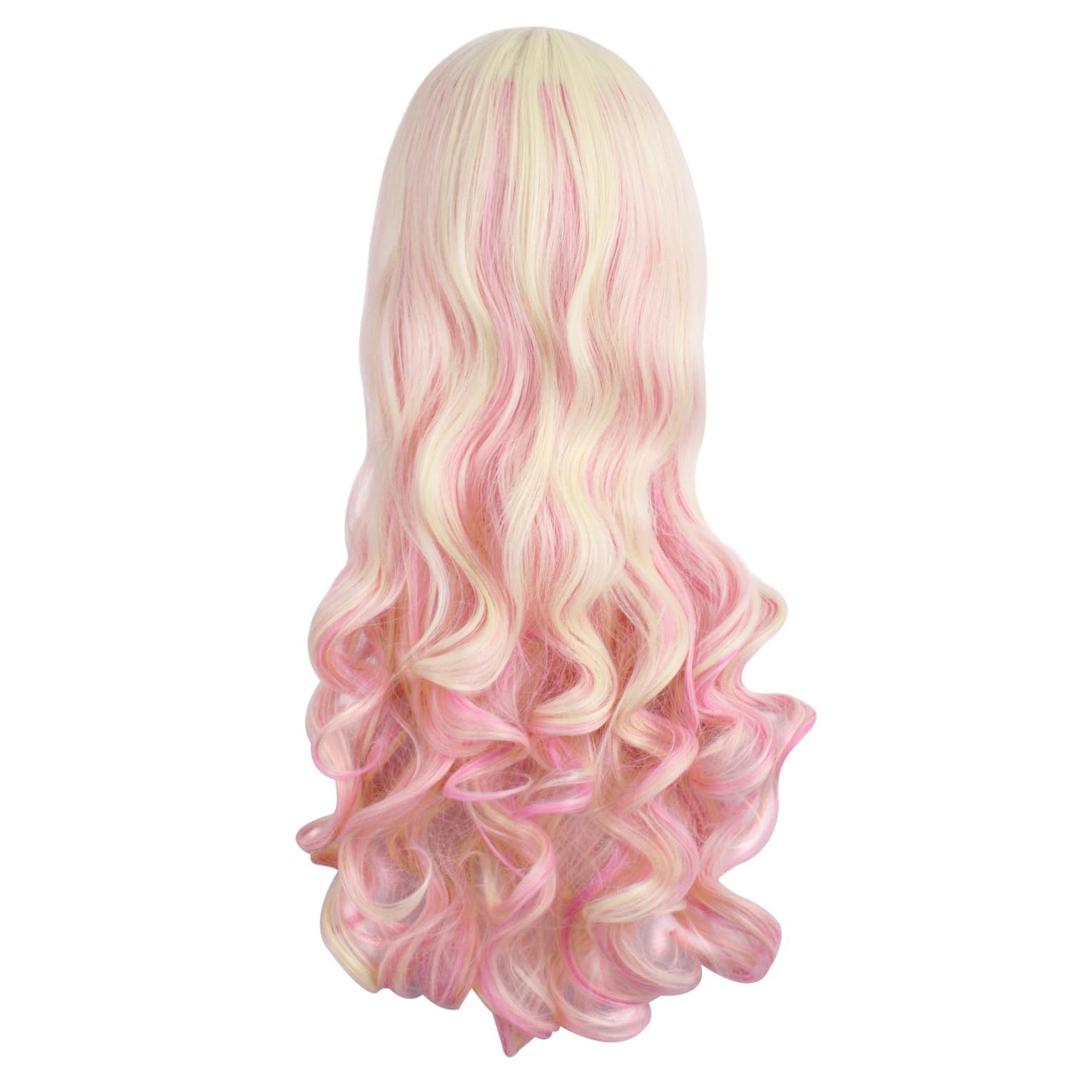 MapofBeauty Multi-color Long Curly Clip on Ponytails Cosplay Wig (Blonde/Pink)