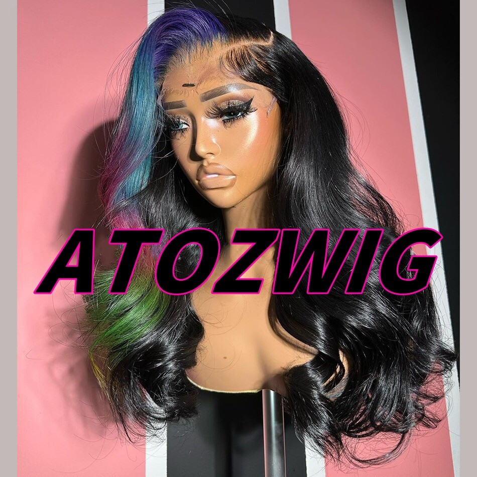 20Inch Highlight Blue With Pink Black Body Wave 4X4 Lace Front Human Hair Wigs