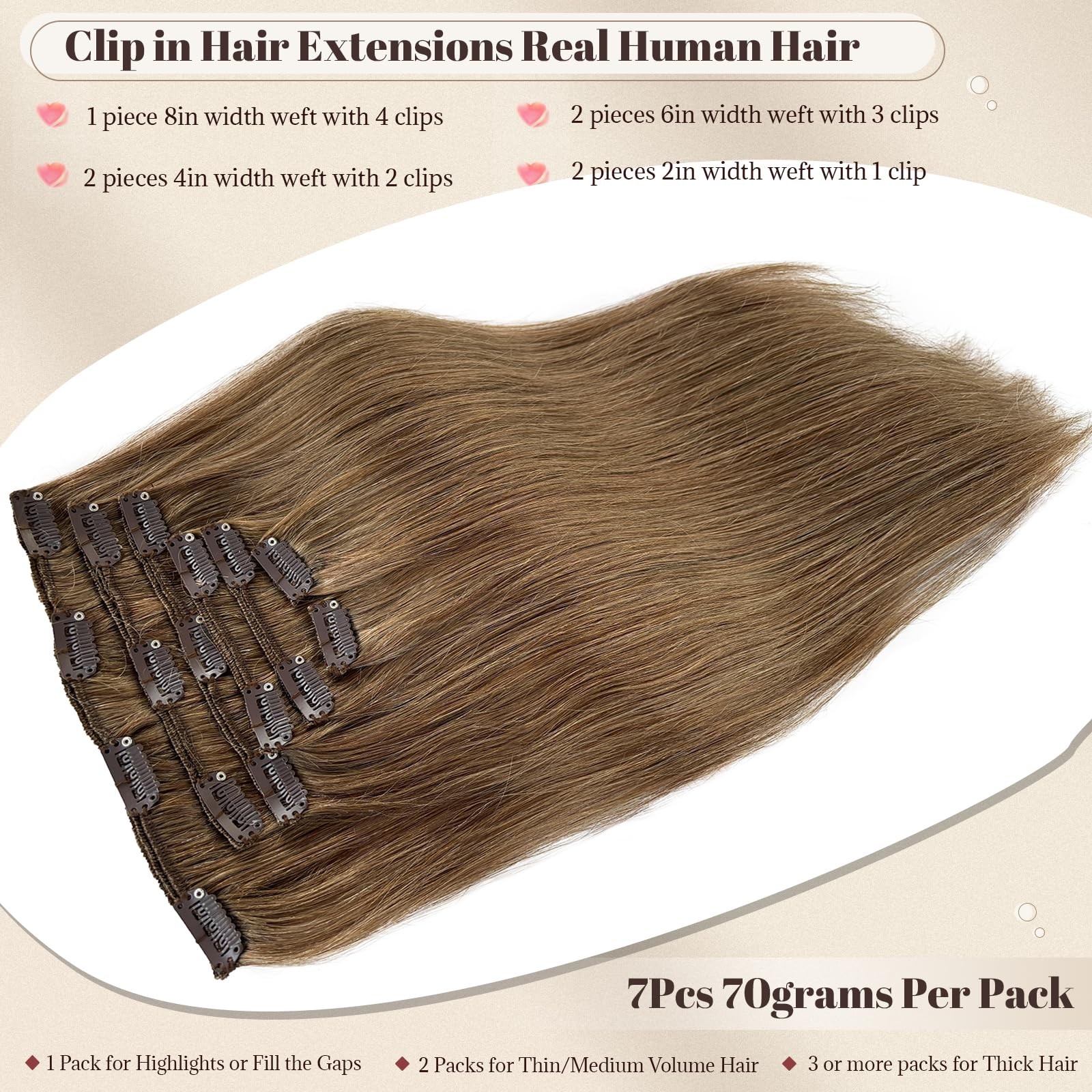 Licoville Ash Brown Hair Extensions Real Human Hair Clip On 15 Inch Thick