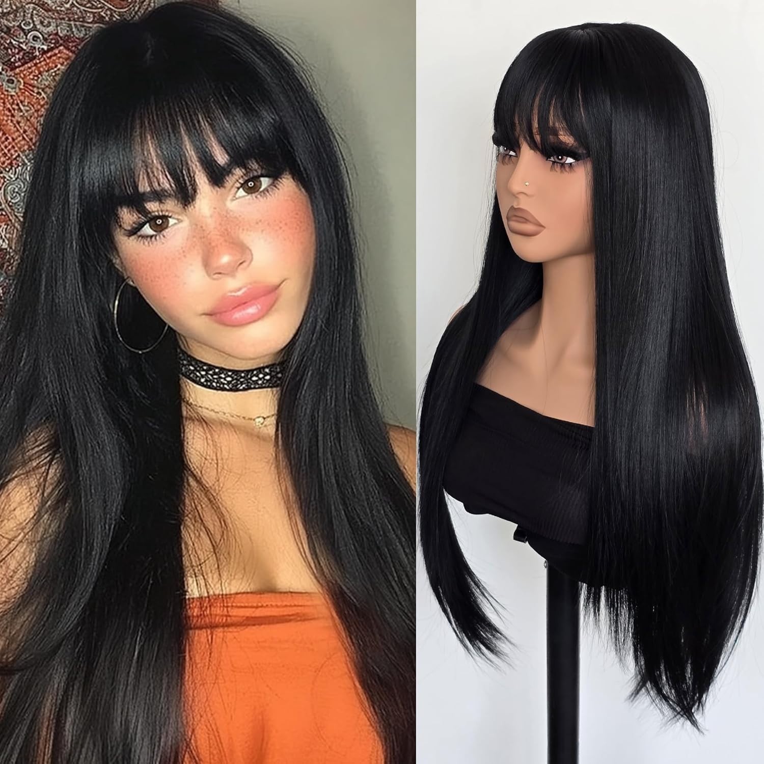 Black Wig with Bangs Long Straight Human Hair Wig for Women No Lace Front Wig