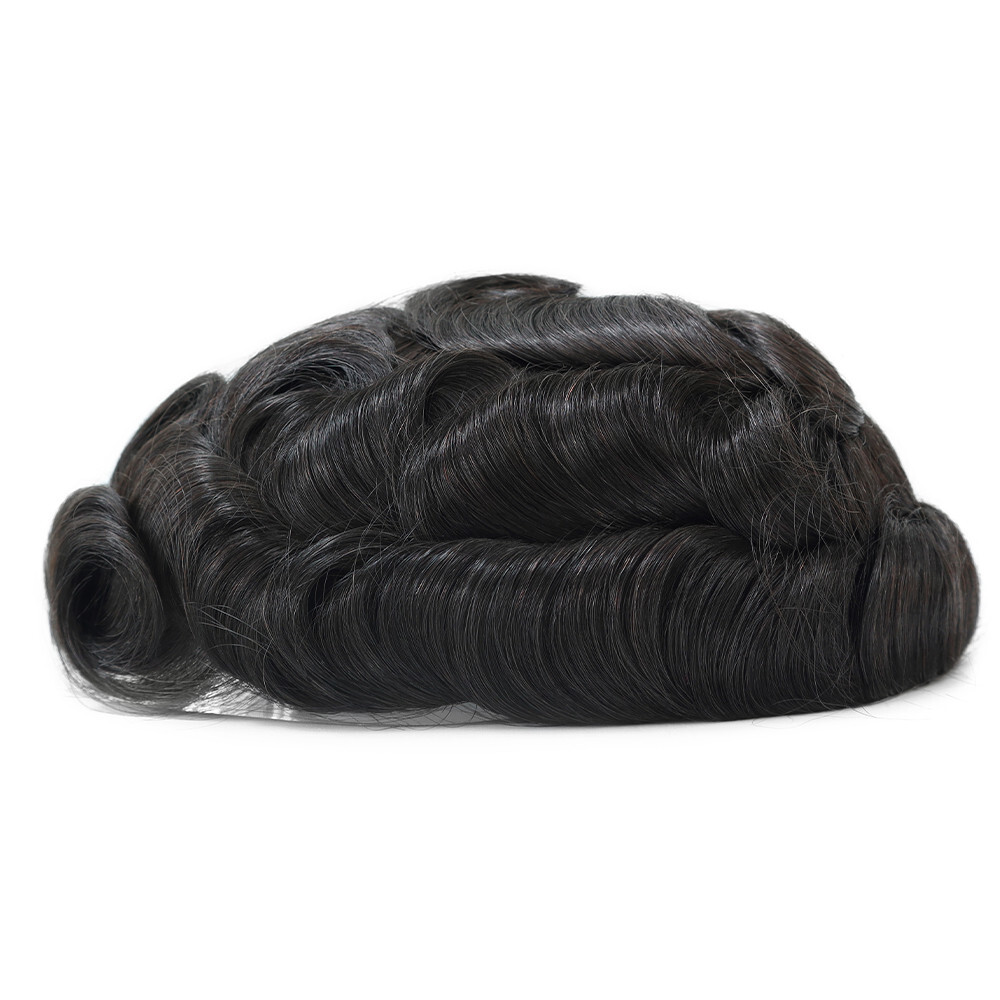 Mens Toupee Human Hair System French Lace Front Poly Skin Black Hair Pieces #1B