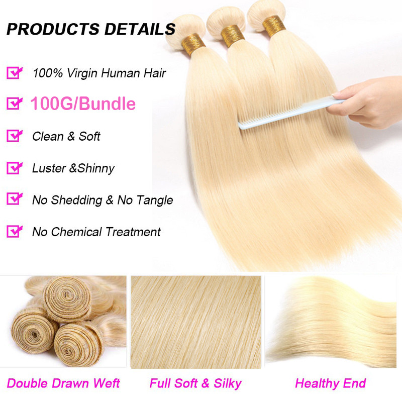 Extra Thick 613 Blonde Brazilian Virgin Human Hair Weave 3BUNDLES + CLOSURE Weft