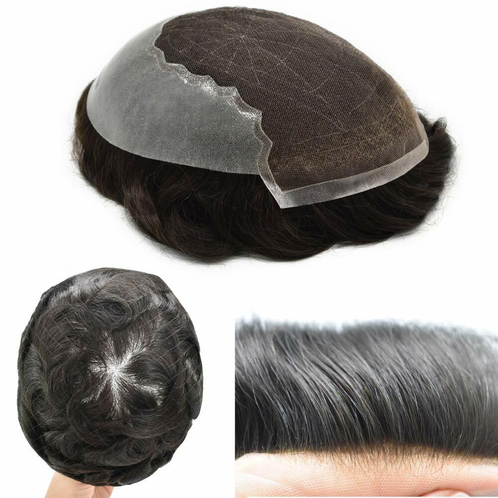 Mens Toupee Hairpiece French Lace Front Hair System Replacement PU Skin Mens Wig